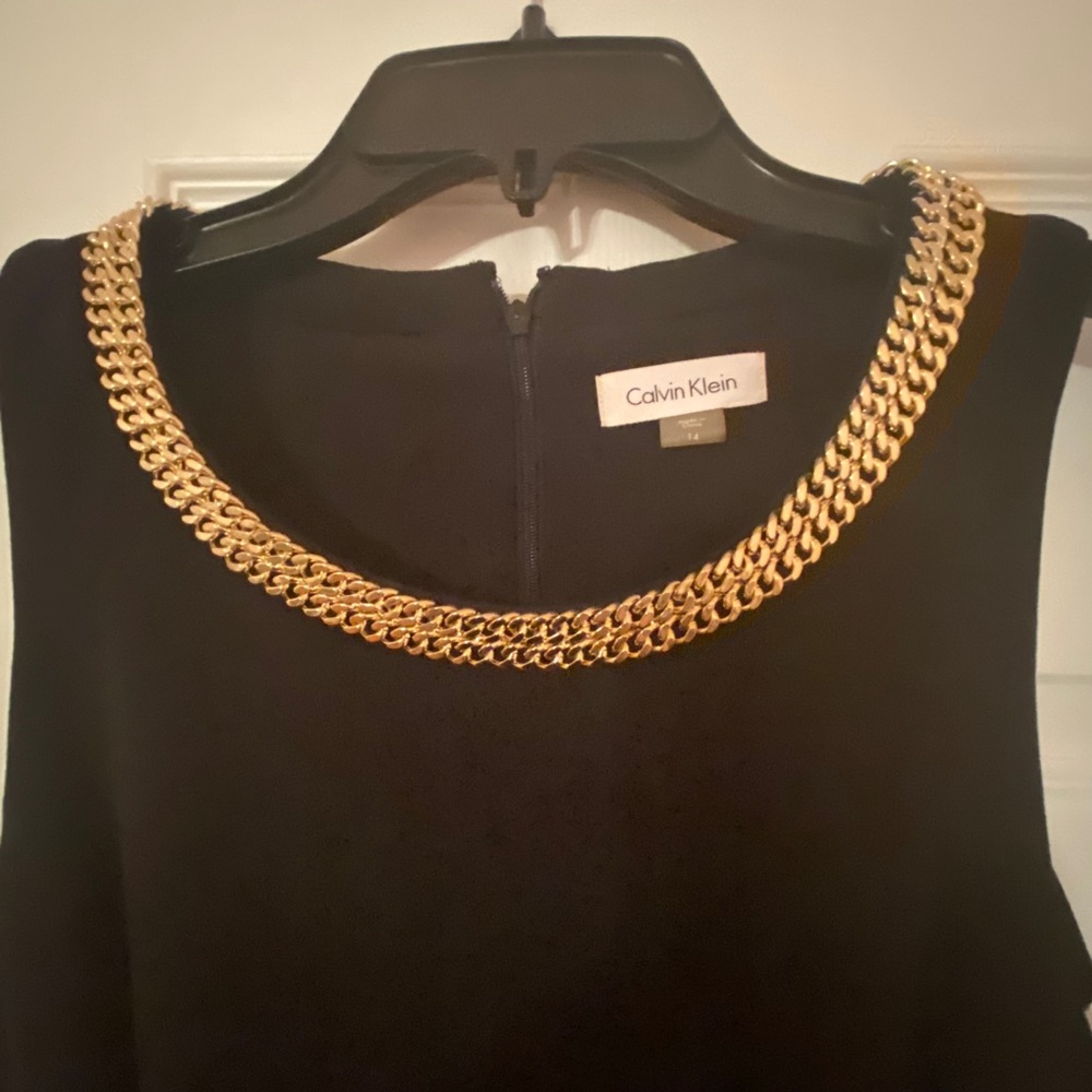 Calvin Klein black dress with gold chain neckline